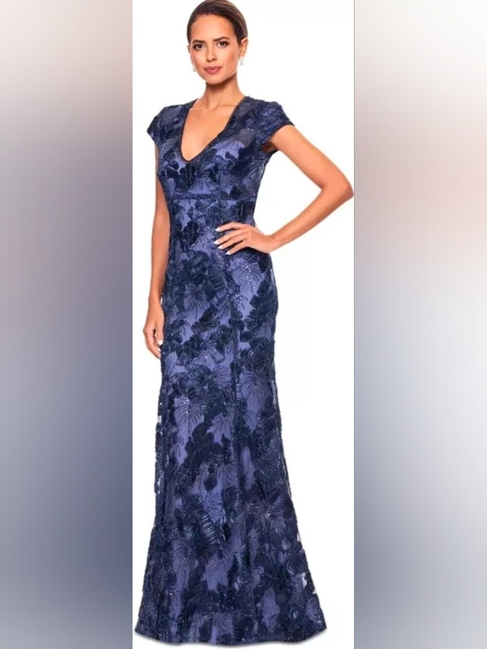 Betsy & Adam Navy Lace V-Neck Cap Sleeve Maxi Gown - Picture 3 of 6